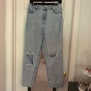 high waisted straight leg distressed jeans